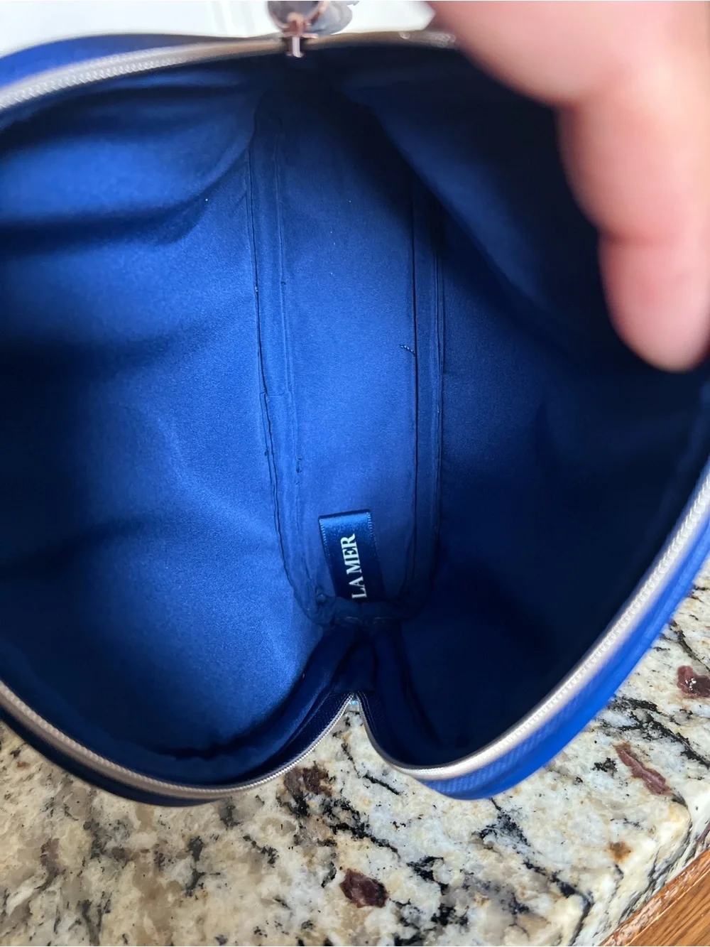 La Mer Metallic Blue Saffiano Faux Leather Cosmetic Bag